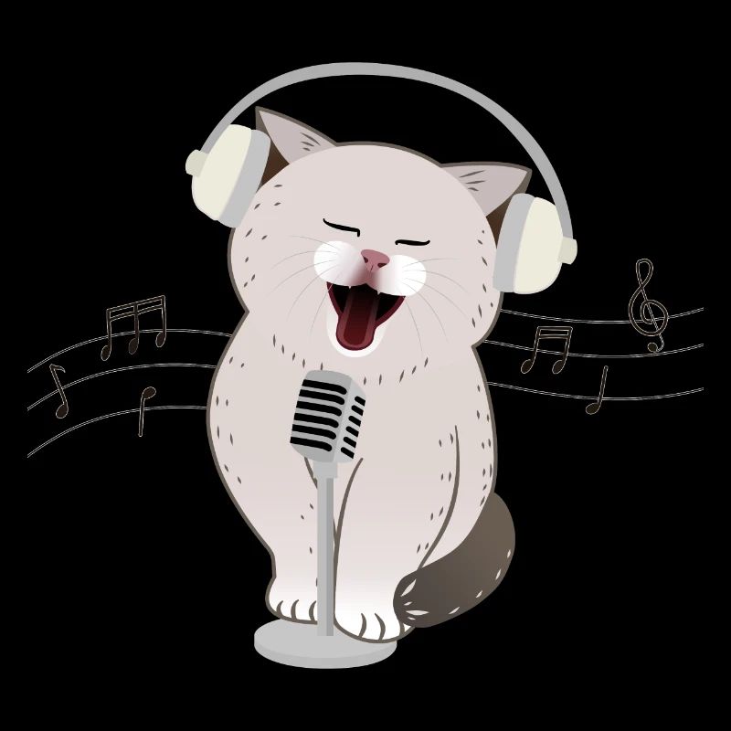 Süße Katze singt mit Kopfhörern und Mikrofon