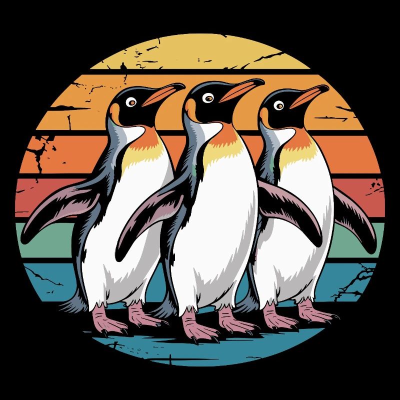 Three penguins at sunset