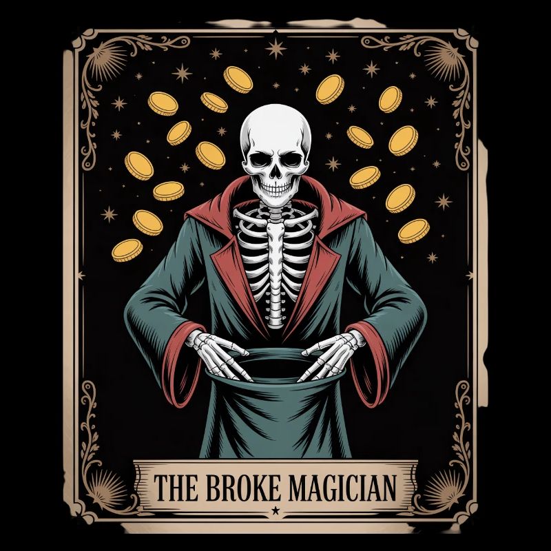 Le magicien fauché squelette sorcier avec des pièces de monnaie