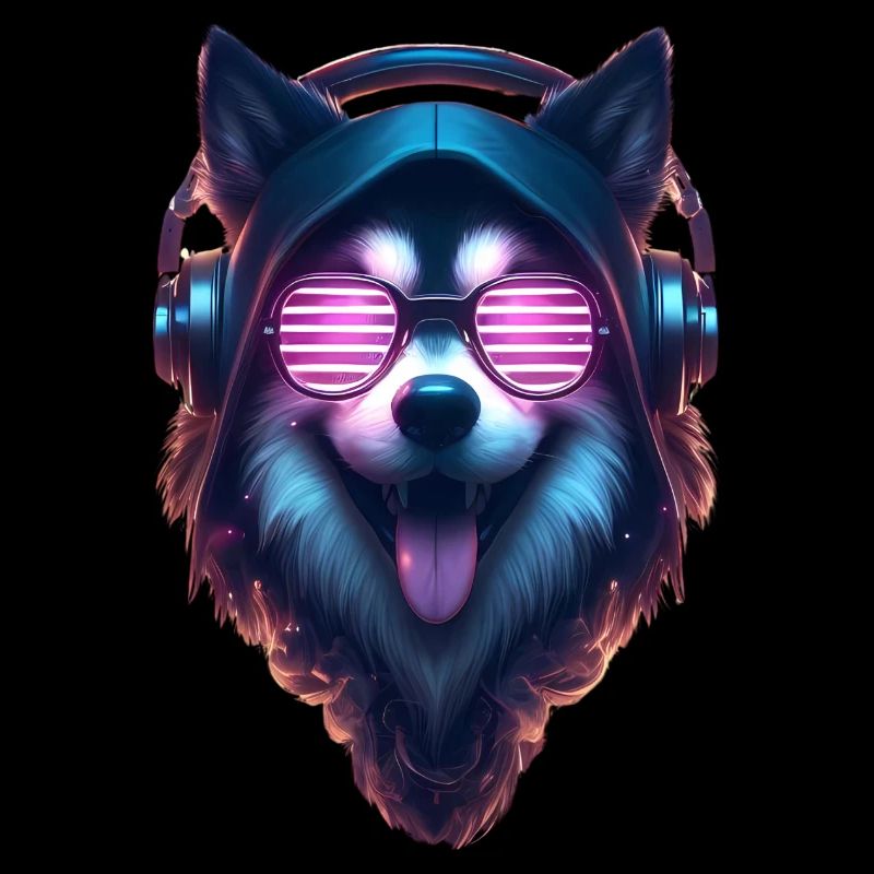 Fröhlicher Hund mit Sonnenbrille und Kopfhörer