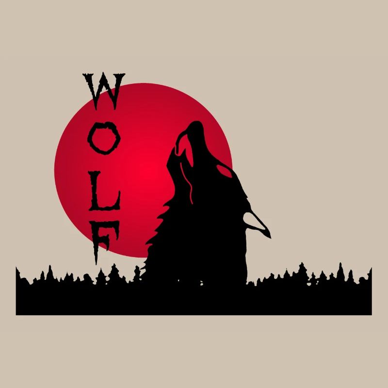 Black wolf, forest and sunset
