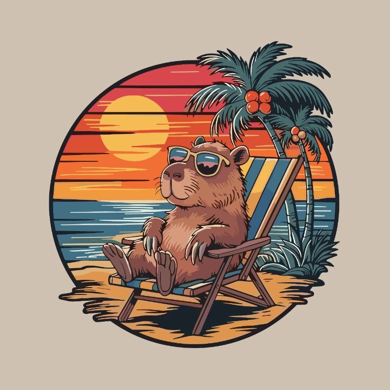 Funny Capybara on Beach Summer Vacation Sunset