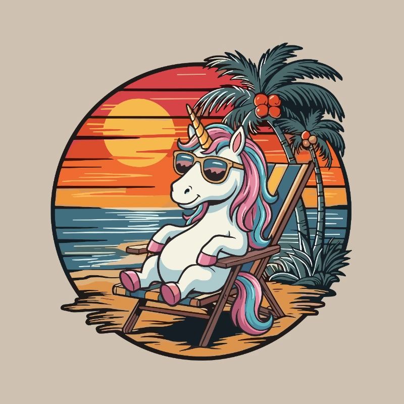 Funny Unicorn on Beach Summer Vacation Sunset