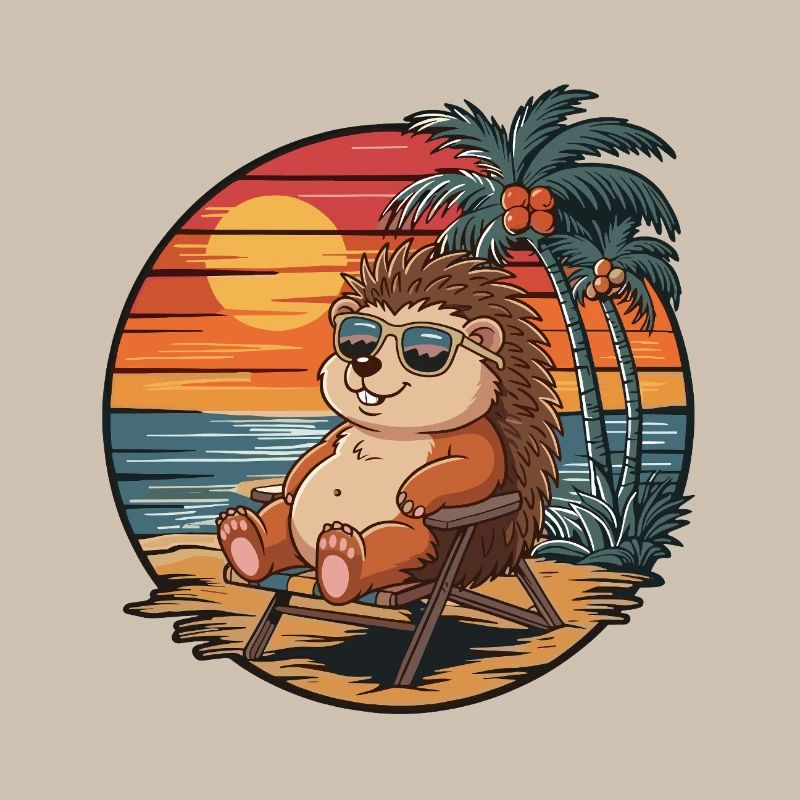 Funny Hedgehog on Beach Summer Vacation Sunset