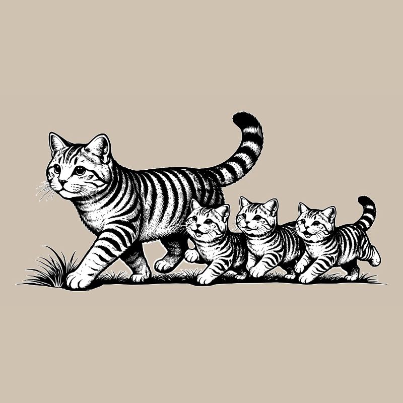 Katzenmutter mit 3 Katzenbabys schwarzweiß