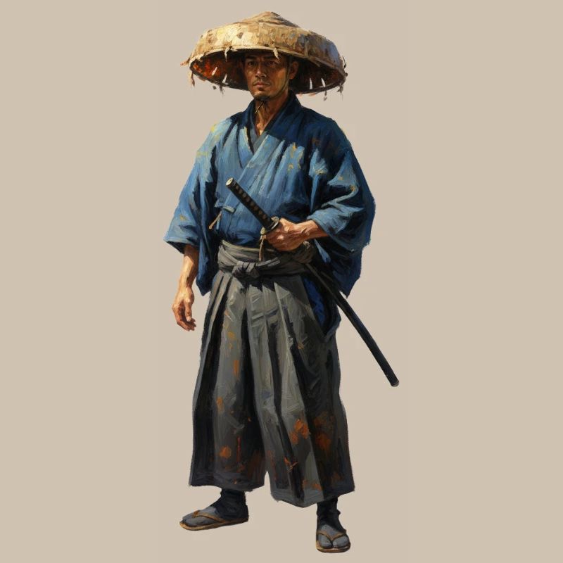 Samurai Warrior with Straw Hat Realistic