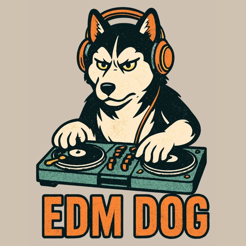 EDM Dog : DJ husky à la console de mixage dans un style rétro