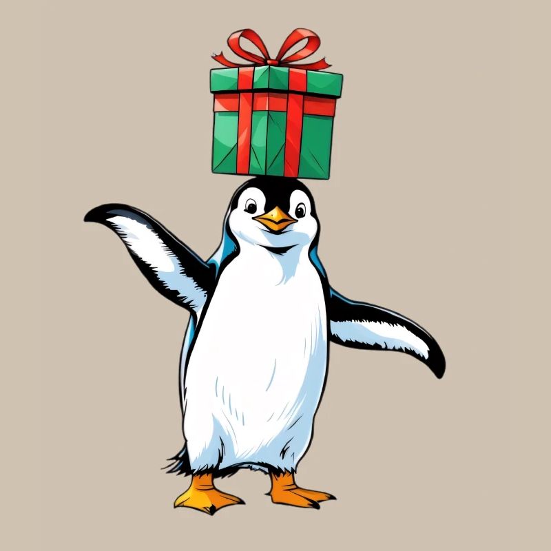 Pinguin mit Geschenk auf Kopf