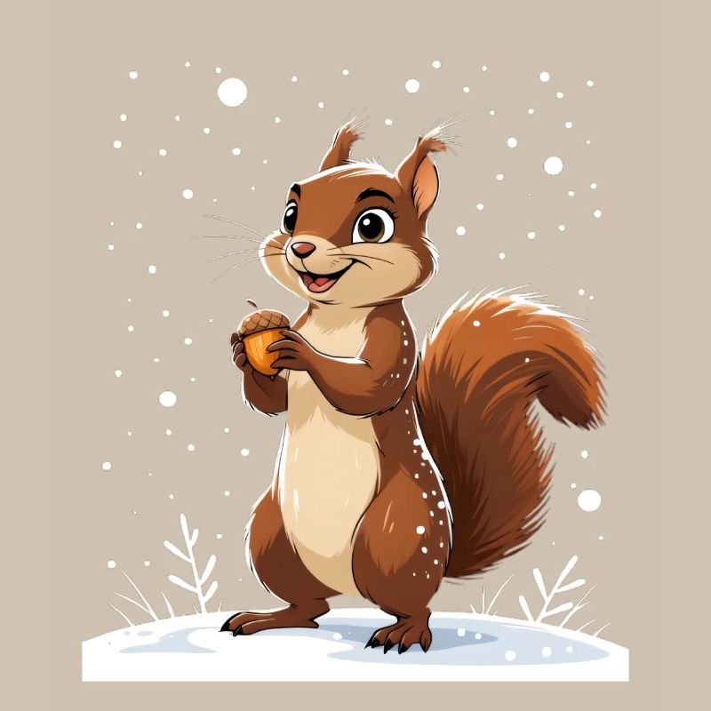 Winterliches Eichhörnchen mit Eichel