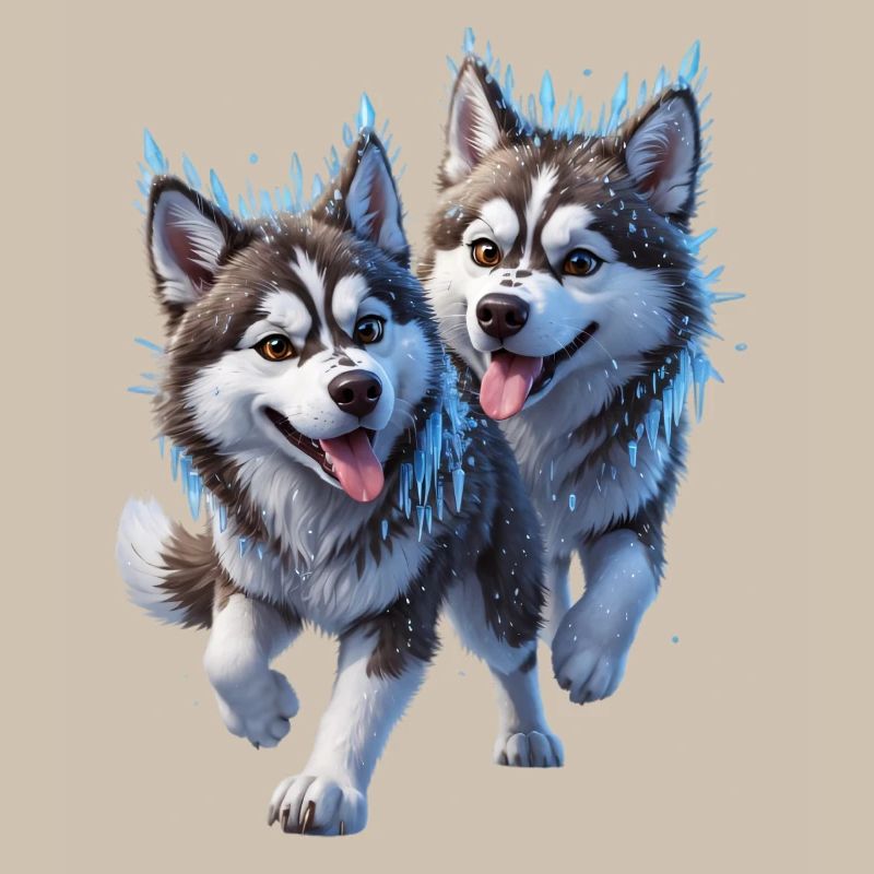Two huskies with snow and icicles