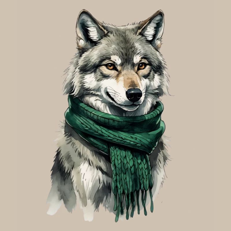 Figurine de loup avec écharpe verte
