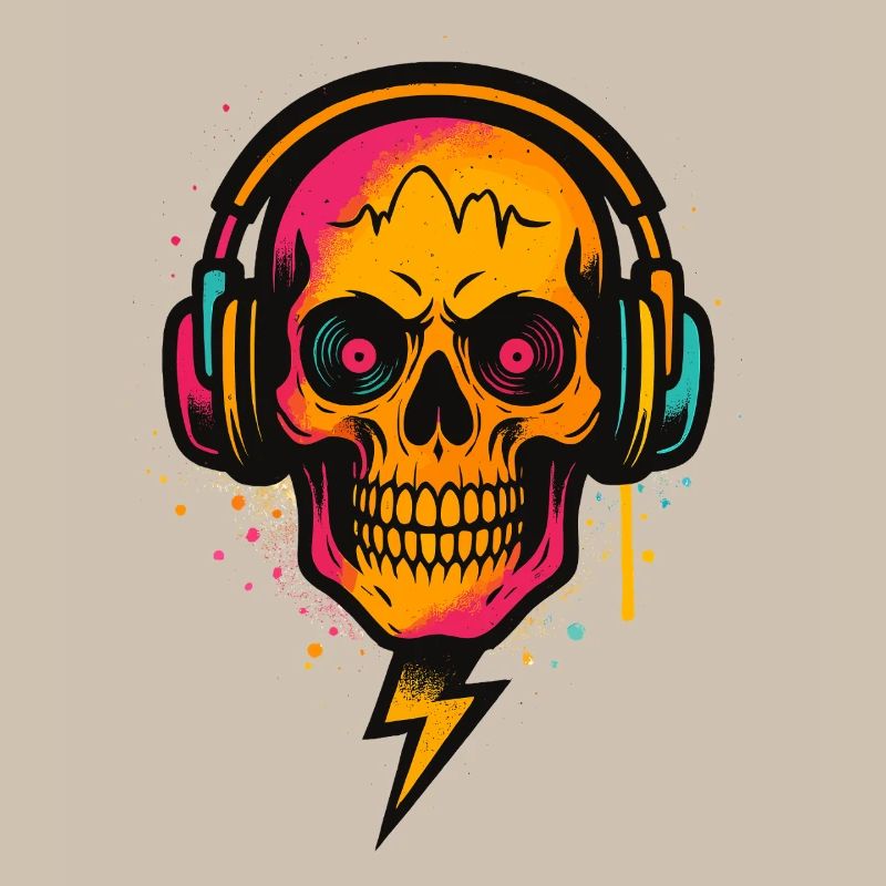 Neon Schädel DJ, Techno Rave, Kopfhörer Kunst