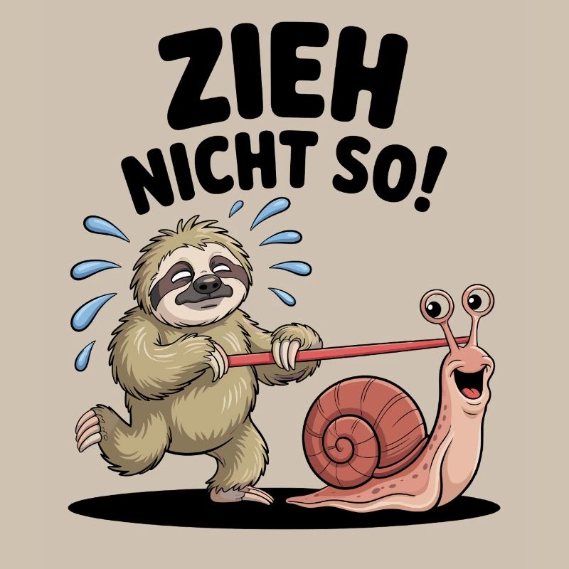 Sloth pulling snail, funny cartoon