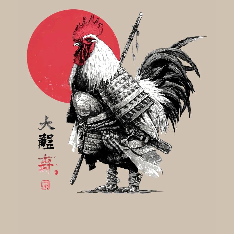 Samurai Rooster in Armor Under Red Sun