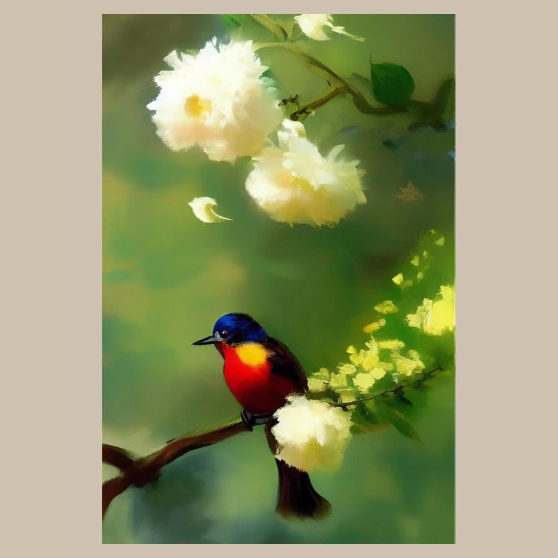 Oiseau sur branche avec fleurs