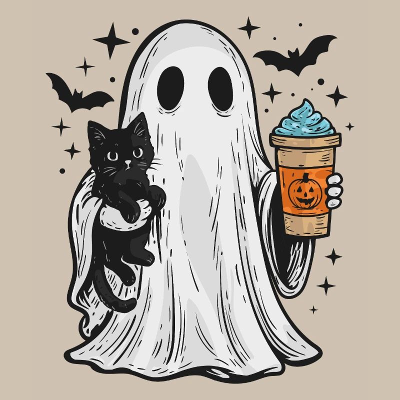 Halloween Ghost with Cat and Coffee
