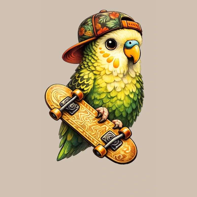 Cooler Skatebird – Papagei mit Cap & Skateboard