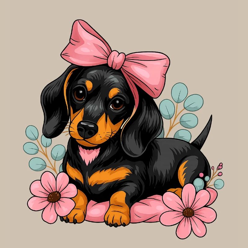 Dackel mit Pinker Schleife und Blumen