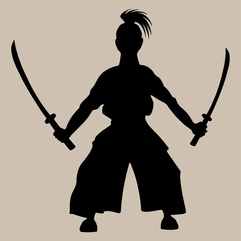 Épéiste japonais debout 2 épées