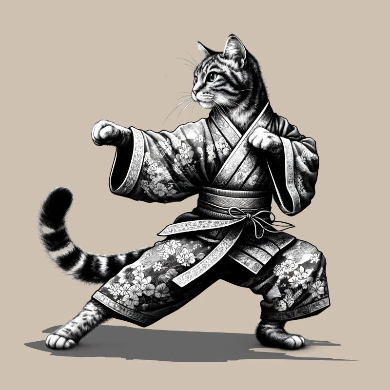 Chat avec kimono en position de combat de kung-fu
