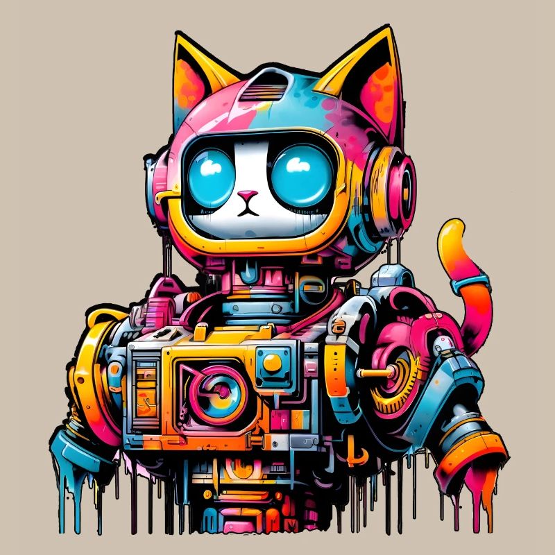 Cat designed as a robot in comic graffiti style