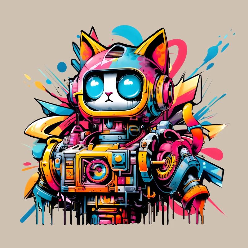 Chat conçu comme un robot dans le style graffiti de la bande dessinée