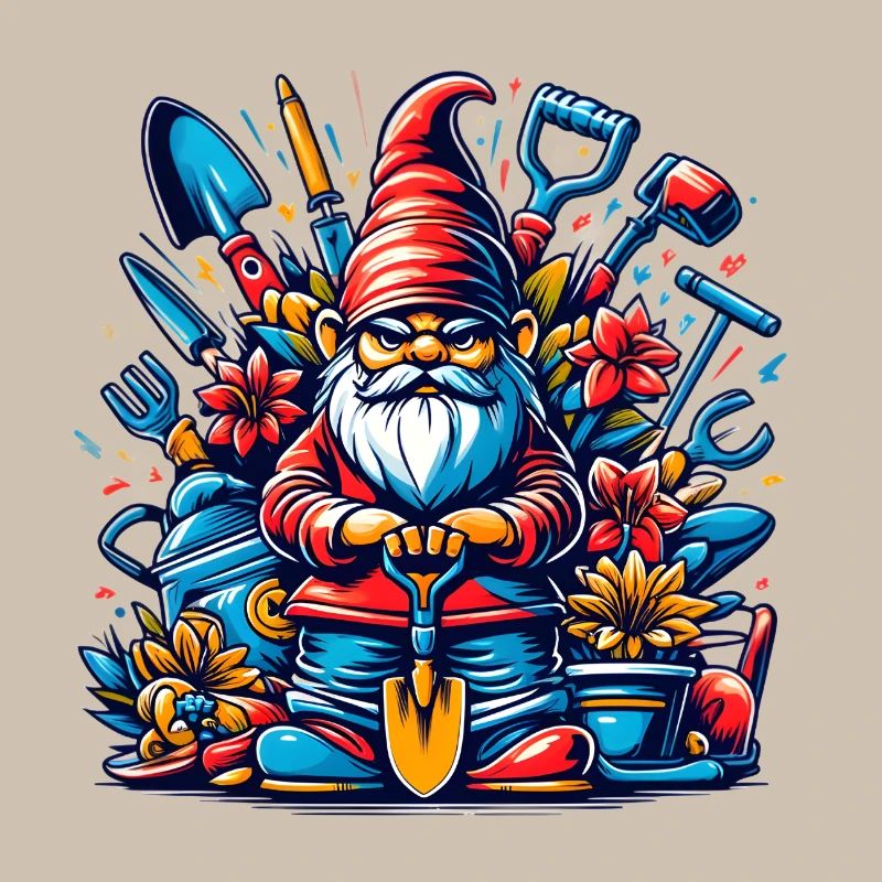 Colorful, grim garden gnome with flowers & tools