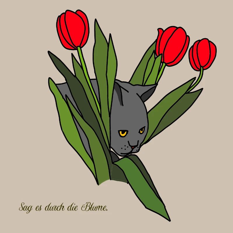 Cat between tulips