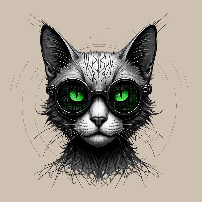 Green Eyes Computer Coder Geek Cat