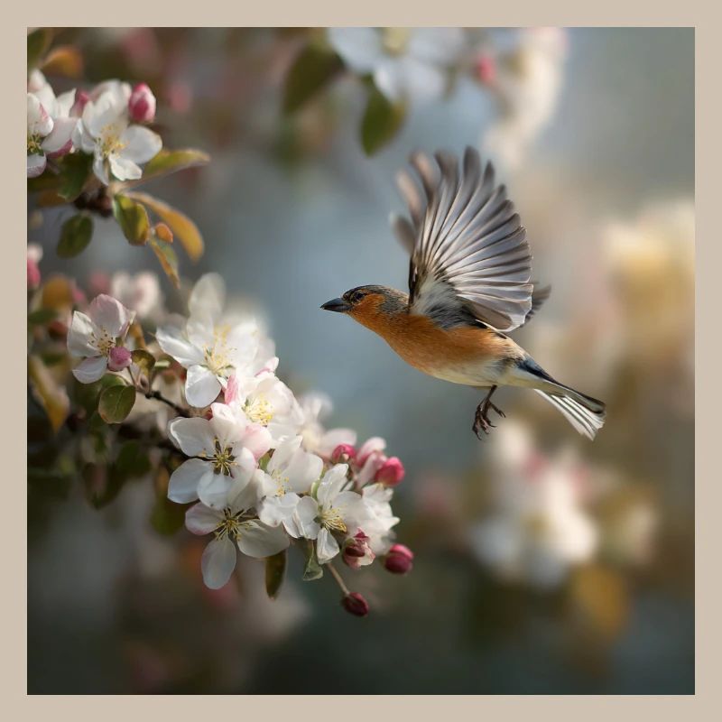 Spring sparrow in blossom flight