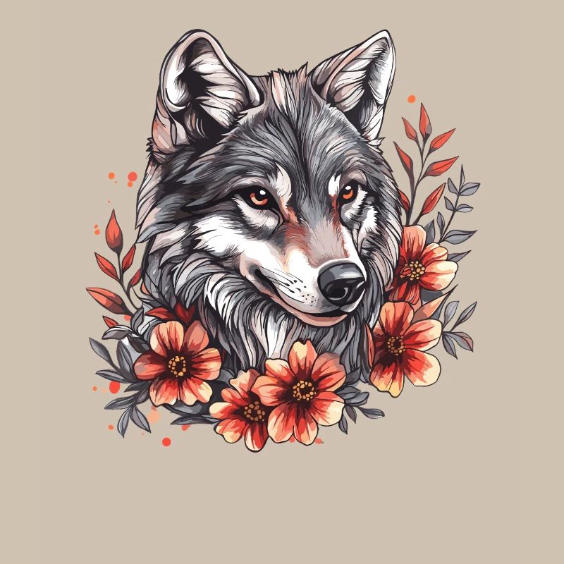Wolfskopf mit Blumenring