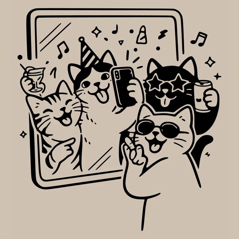 Selfie de fête avec des chats devant le miroir
