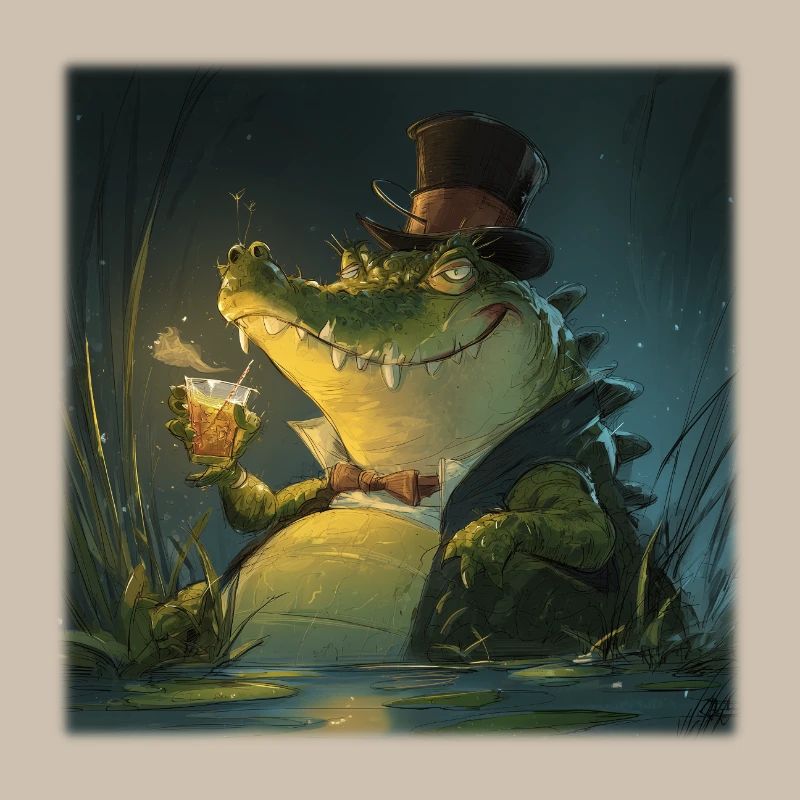 Crocodile élégant des marais avec boisson et haut-de-forme