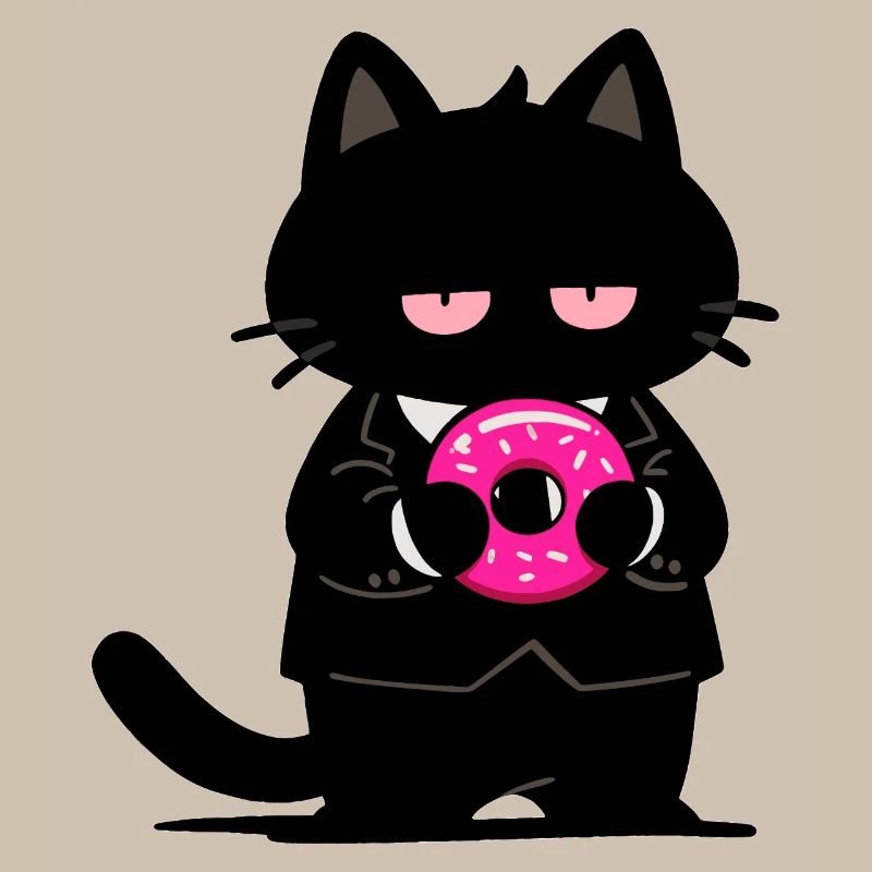 Schwarze Katze mit rosa Donut