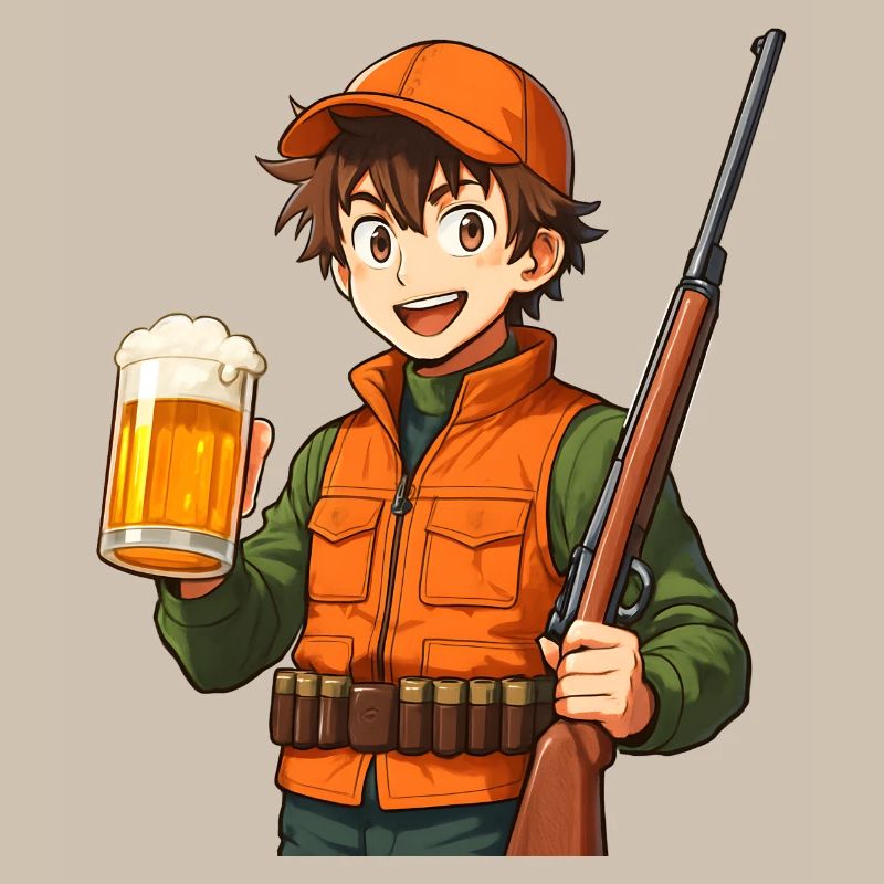 Jägerheld mit Bier und Flinte