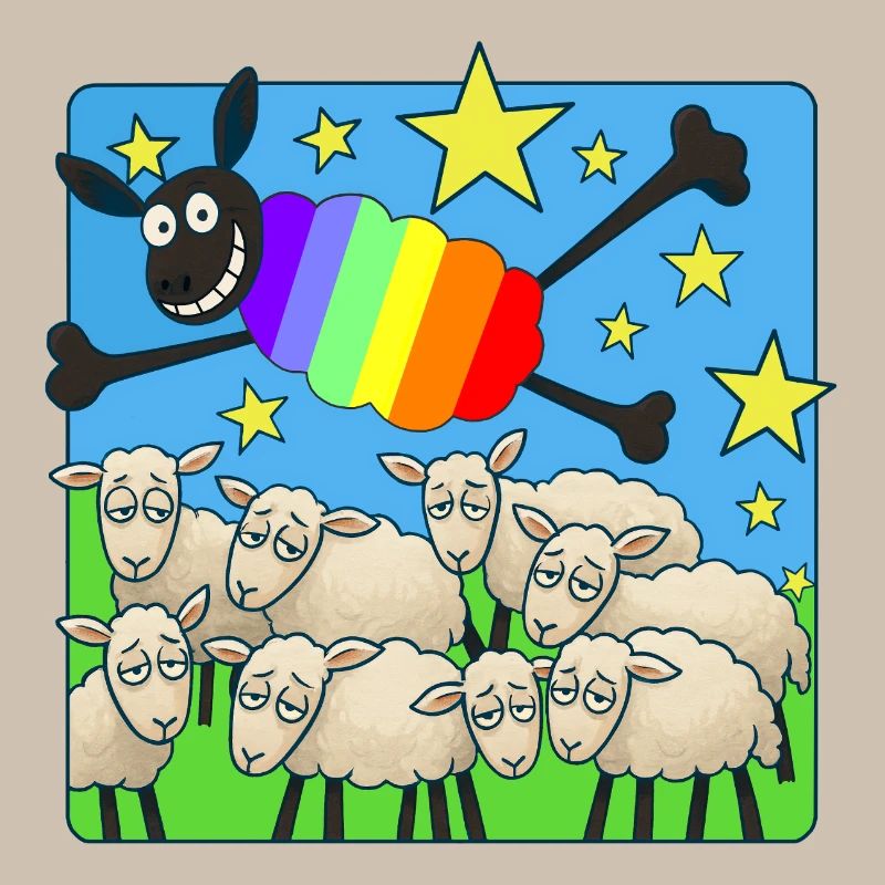 Regenbogenfaultier über schlafenden Schafen