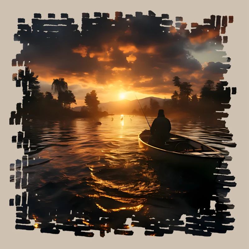 Coucher de soleil sur le lac avec pêcheurs en bateau