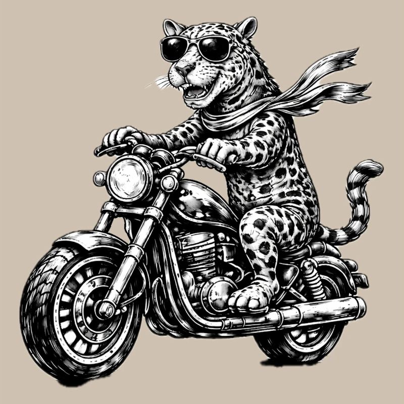 Leopard on motorcycle with sunglasses