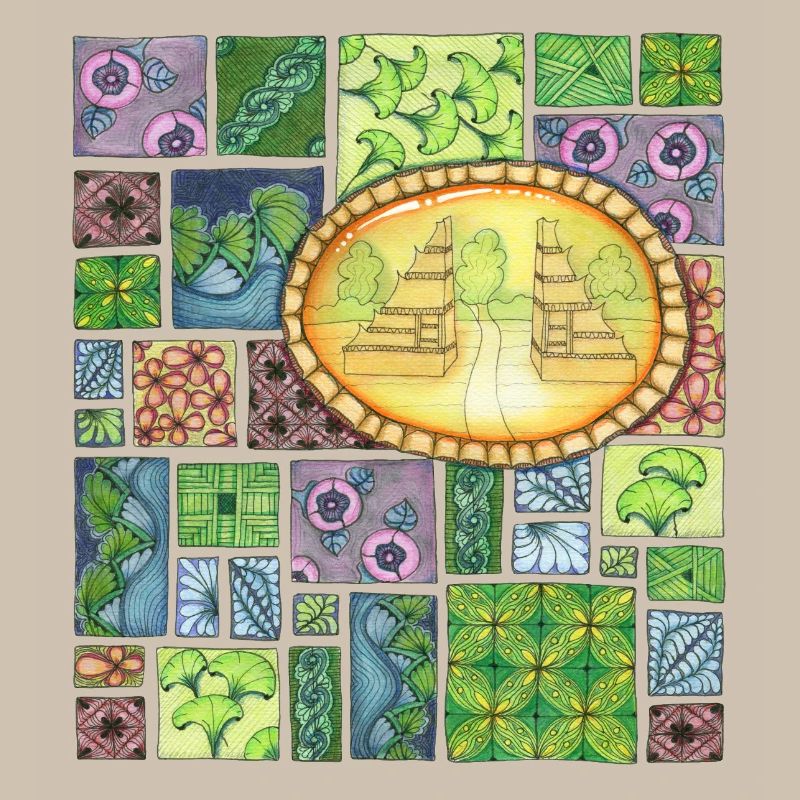 Bali temple on pattern patchwork