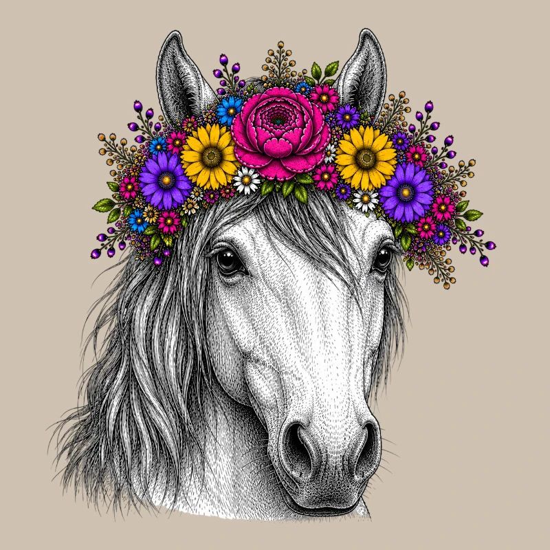 Cheval avec une couronne de fleurs
