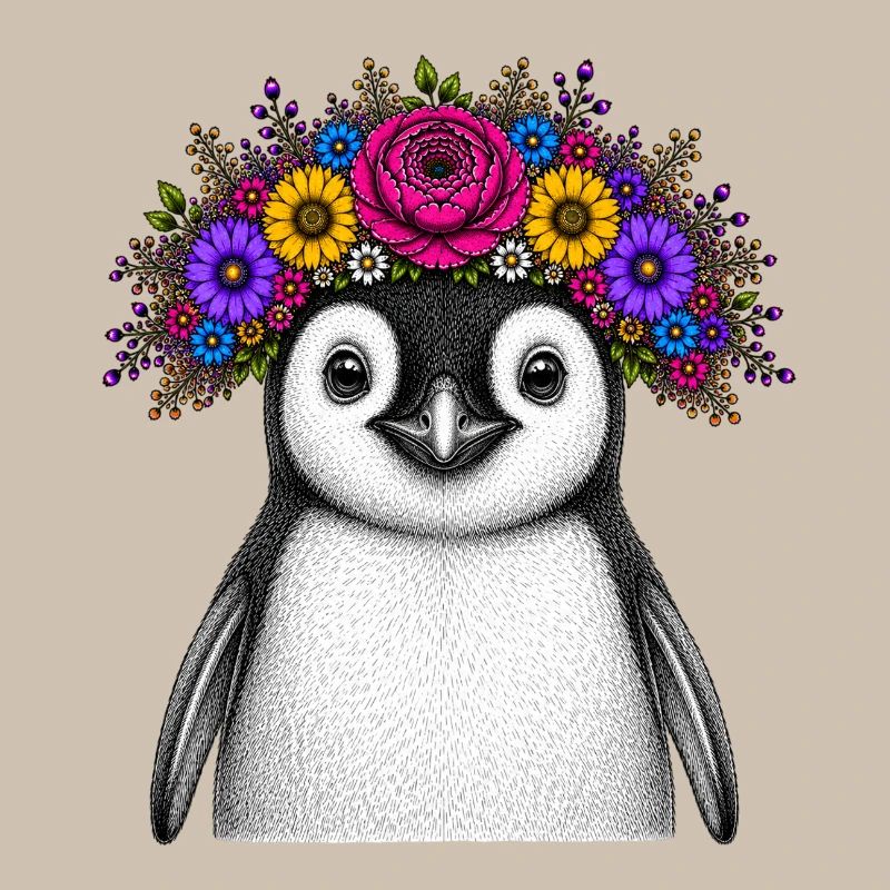 Pinguin mit Blumenkrone