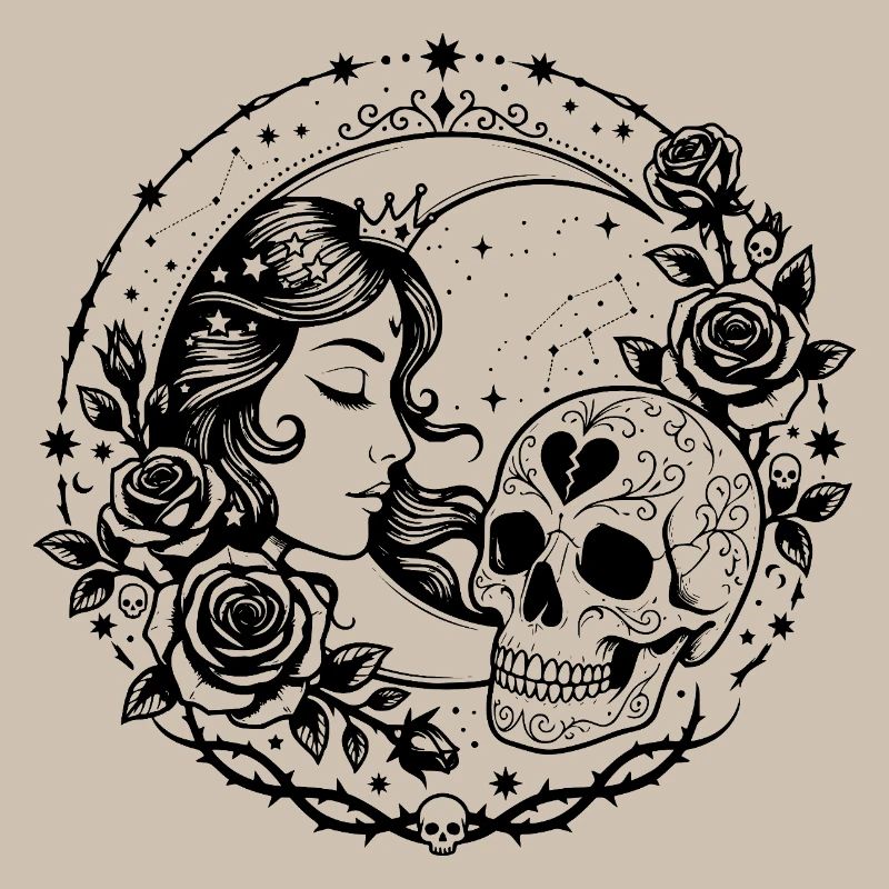Gothic Moon Goddess Skull Rose Design