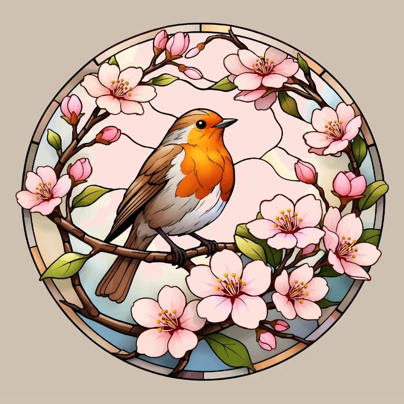 Robin with cherry blossoms spring motif