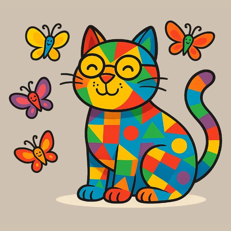 Patchwork-Katze und Schmetterlinge