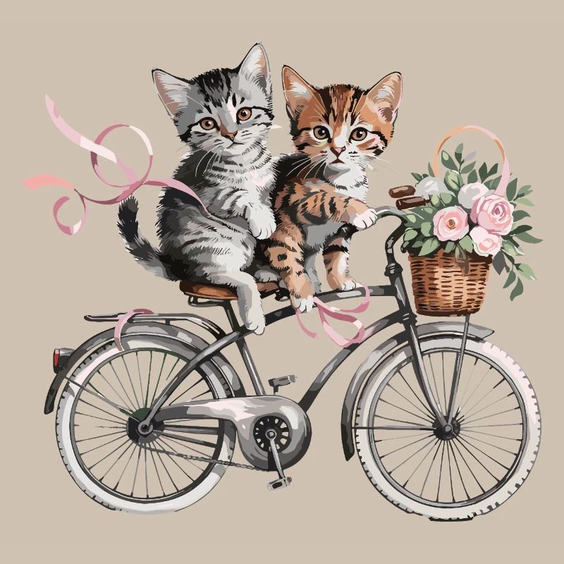 Des chatons mignons sur le vélo avec un panier de fleurs