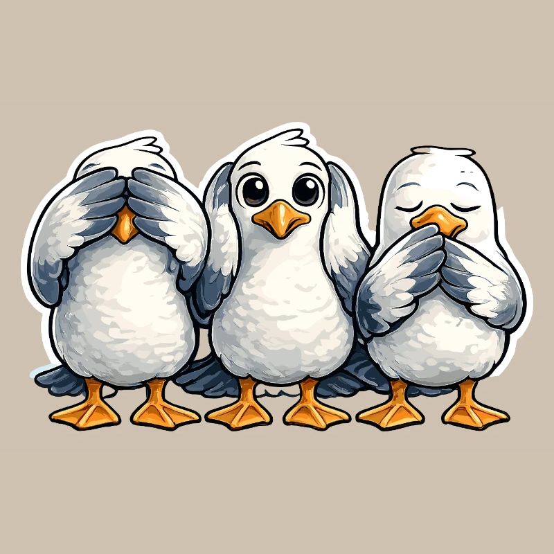 Three seagulls see nothing hear nothing say nothing