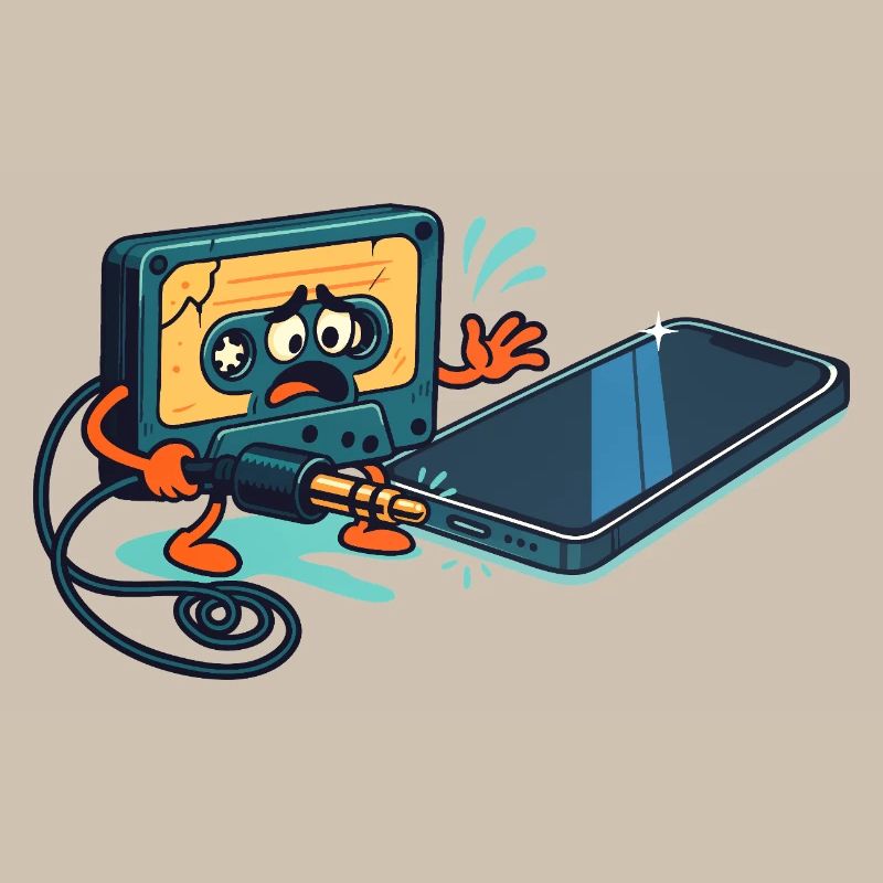 Kassette vs. USB-Anschluss, sarkastischer Retro-Witz