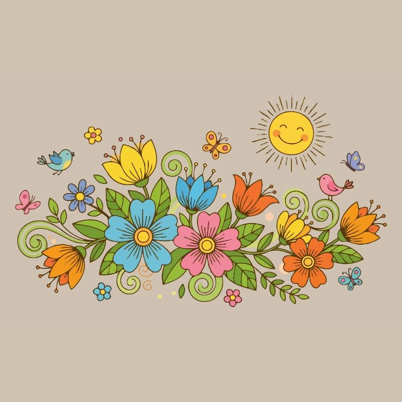 Le printemps fleurit les fleurs et les oiseaux au soleil