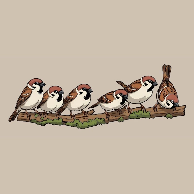 Sparrows on a branch nature illustration