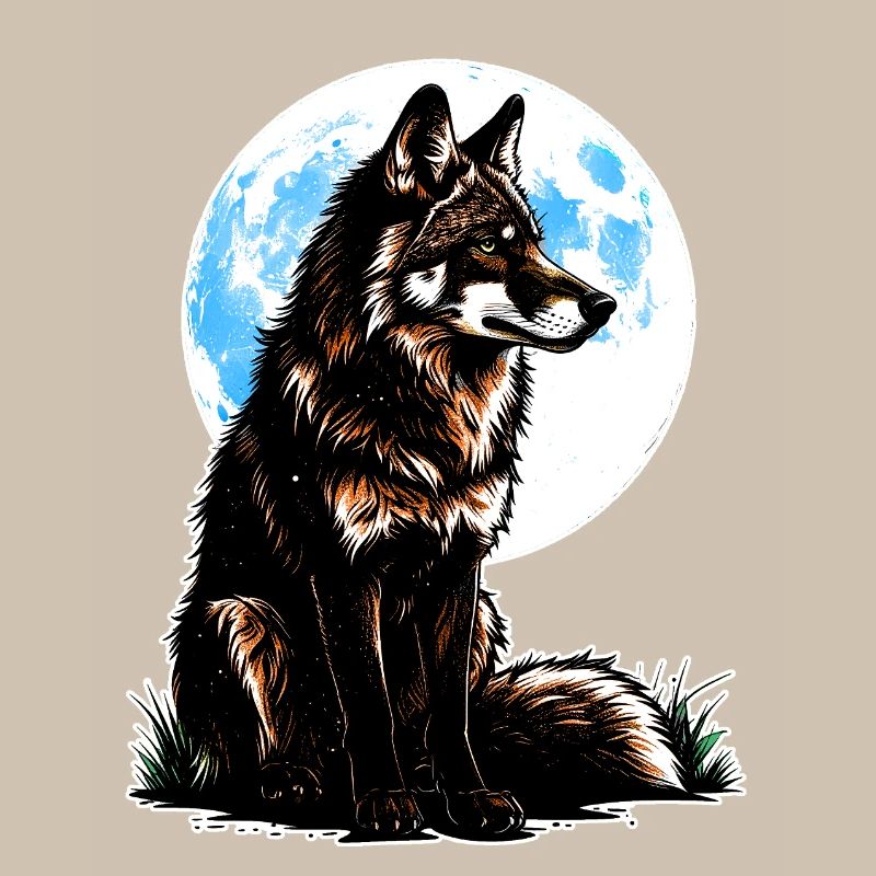 Un loup devant une lune bleue